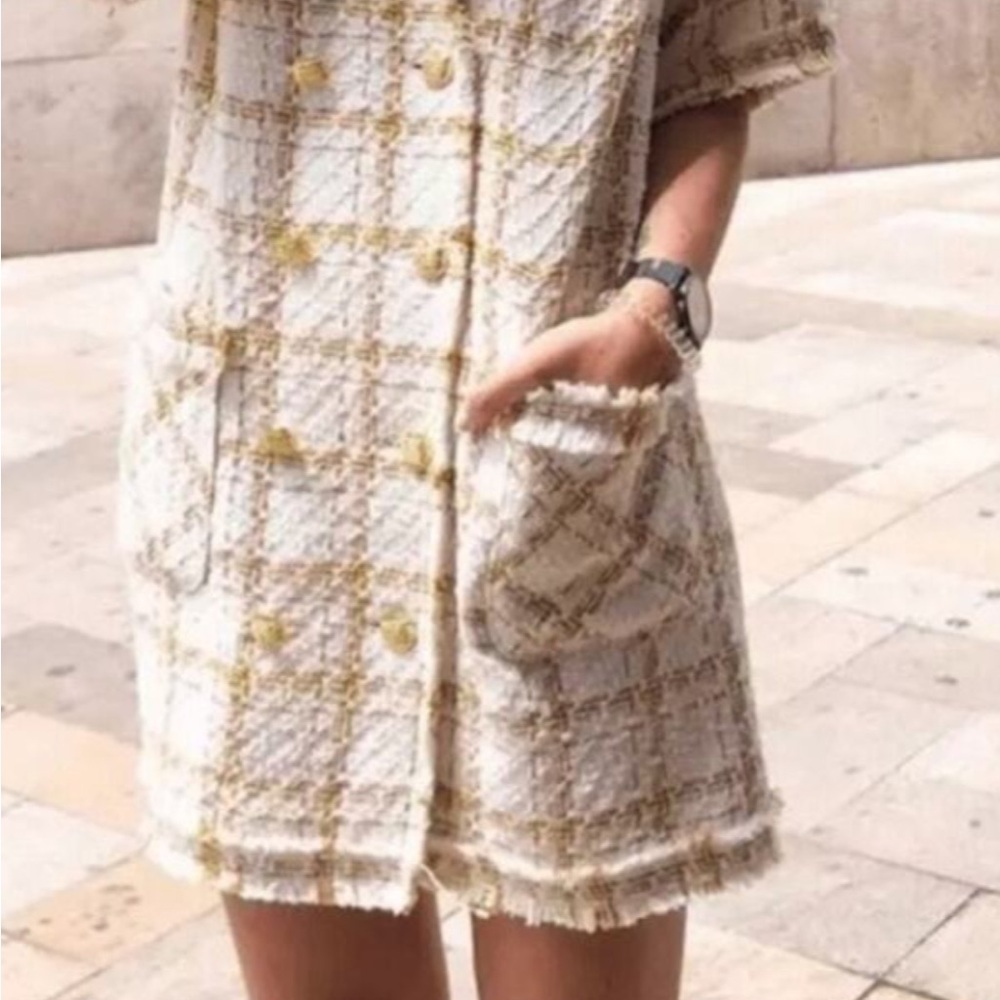 ♥️… Zara Yellow White Plaid Tweed Front Double-Breasted Mini Dress Women… - Picture 5 of 6